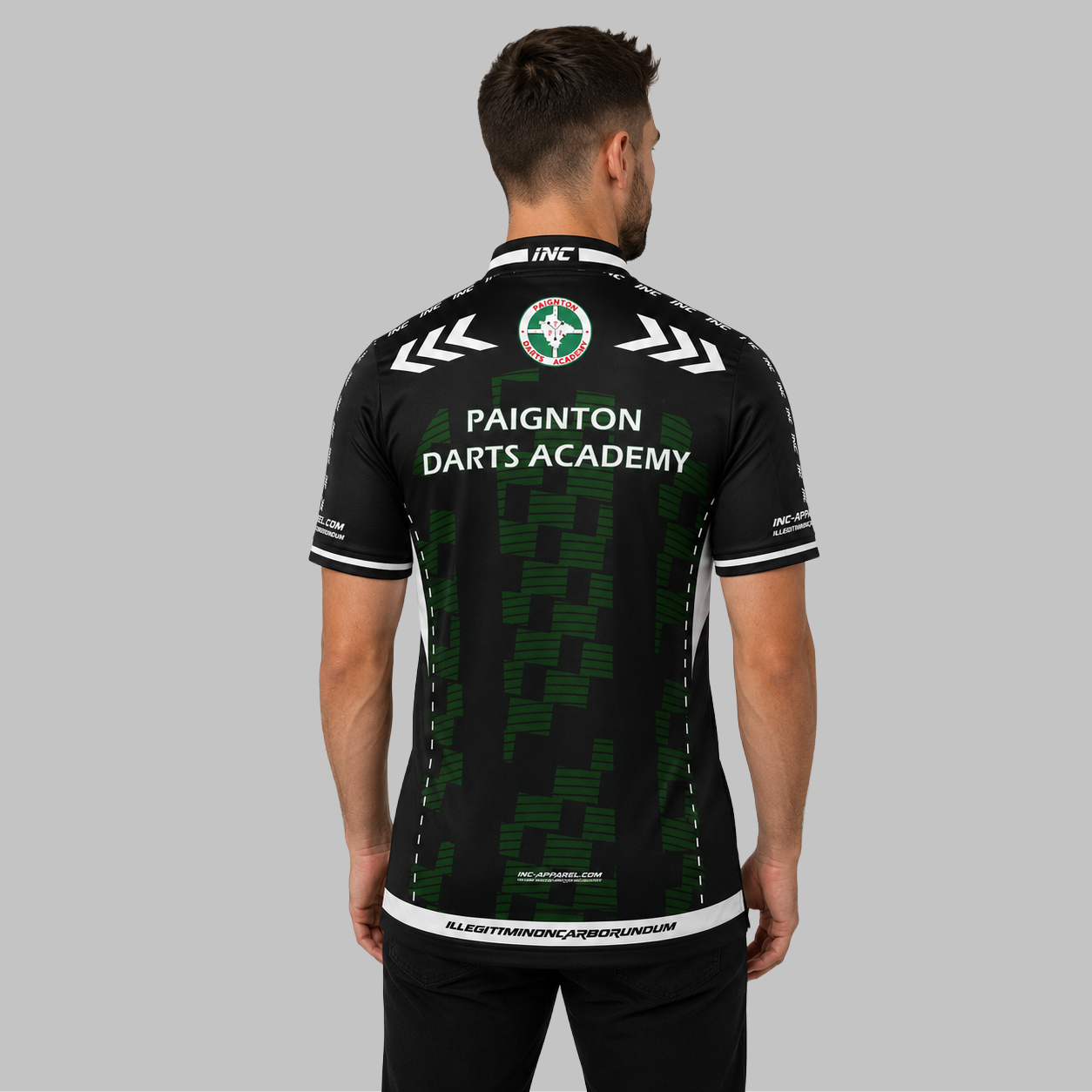 Back view of the Men's Official Paignton Darts Academy Mentors Darts Shirt, showcasing the tailored fit and flexible shoulder panels for coaching and playing.