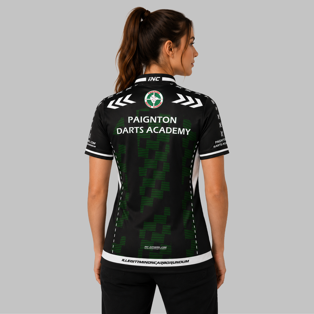 Back view of the Women's Official Paignton Darts Academy Mentors Darts Shirt, showcasing the seamless flow of the exclusive mentor styling across the shoulders.