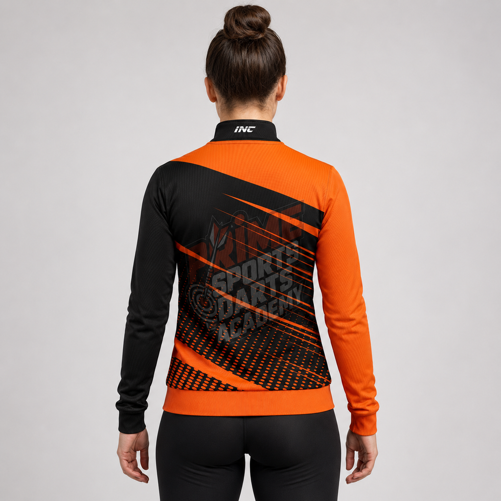 Back view of the unisex Official Prime Sports Darts Academy Quarter Zip Midlayer, showing the clean athletic silhouette and flexible shoulder construction.