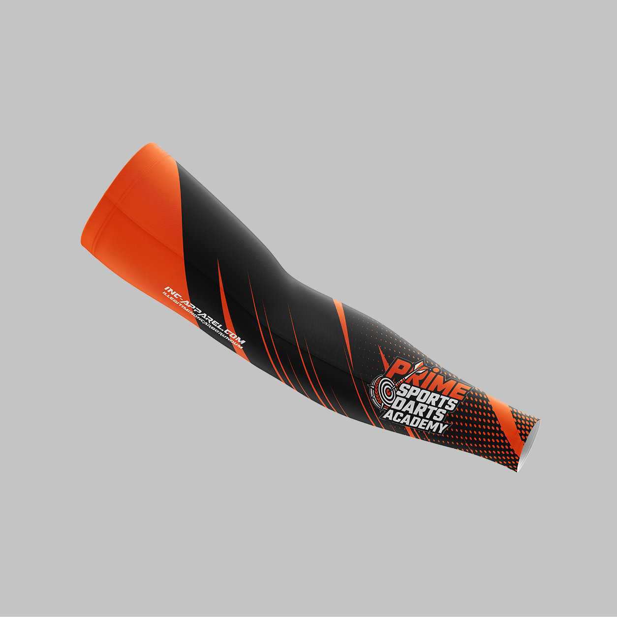 Front view of the Official Prime Sports Darts Academy compression sleeve, showing the sleek athletic fit and vibrant sublimated academy branding.