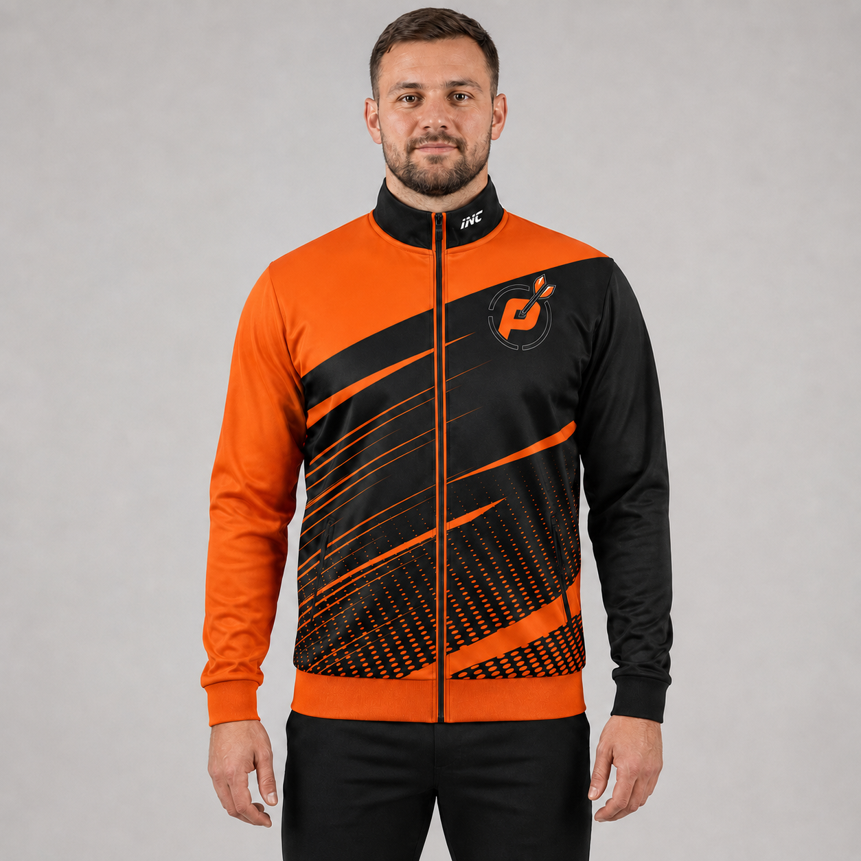 Front view of the unisex Official Prime Sports Darts Academy Tournament Jacket, highlighting the sleek full-zip design, athletic collar, and prominent academy branding.