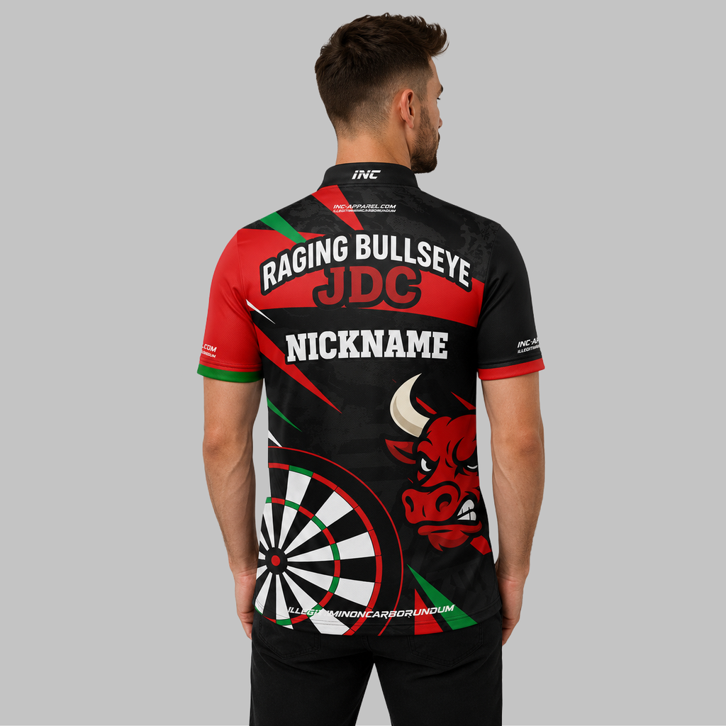 Back view of the Men and Youth Official Raging Bullseye JDC Black Darts Shirt, showcasing the clean athletic fit and unrestricted shoulder construction.