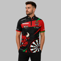 Front view of the Men and Youth Official Raging Bullseye JDC Black Darts Shirt, showing the sleek black colorway, professional collar, and sharp sublimated graphics.
