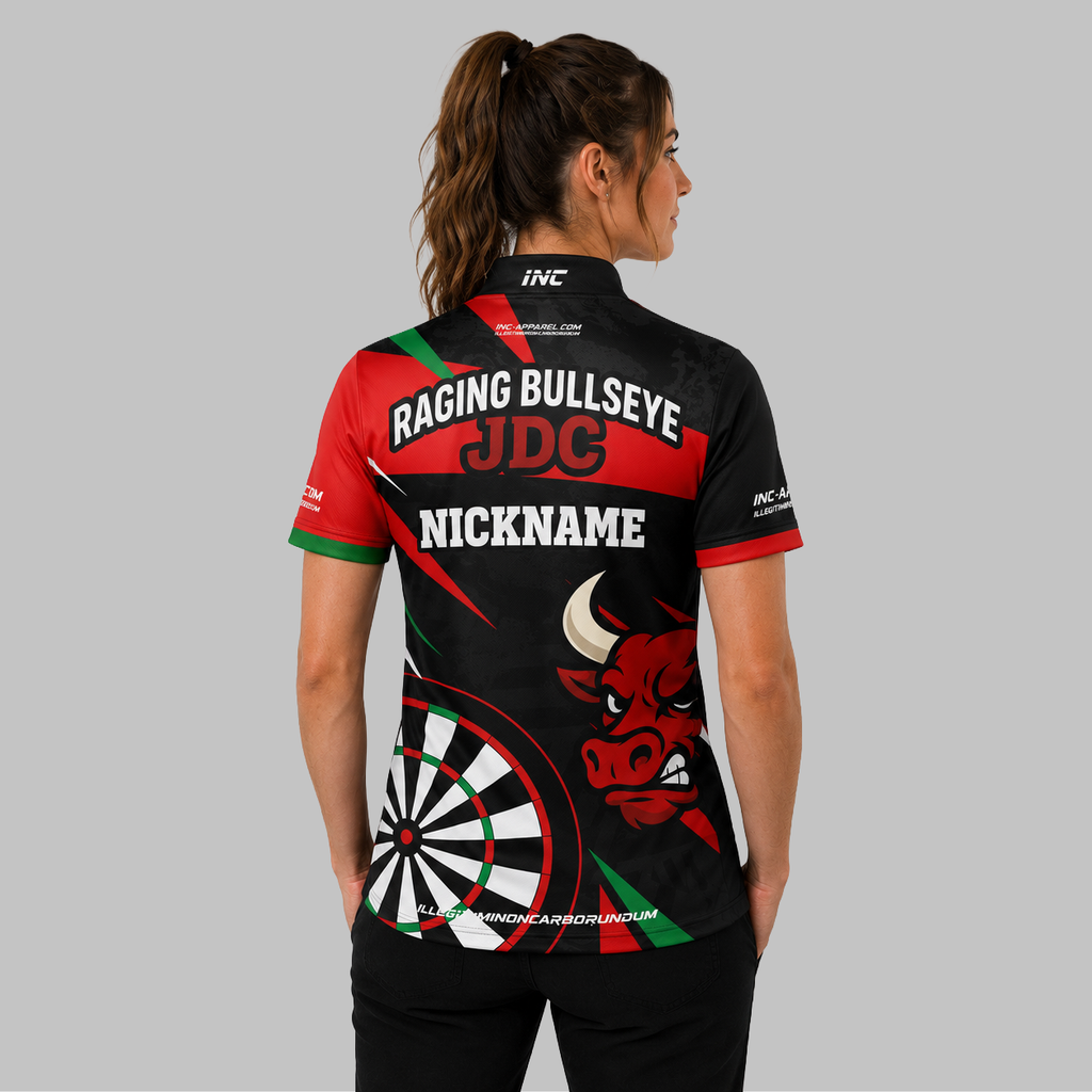 Back view of the Women's Official Raging Bullseye JDC Black Darts Shirt, showcasing the seamless flow of the team design across the shoulders.