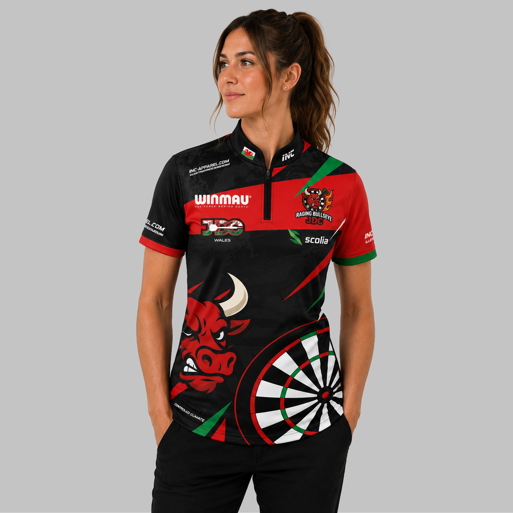 Front view of the Women's Official Raging Bullseye JDC Black Darts Shirt, showing the custom-contoured athletic fit, sharp sublimated graphics, and professional collar.