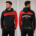 Front view of the unisex Official Raging Bullseye JDC Black Hoodie, highlighting the cozy fleece design and bold official team and JDC logos across the chest.