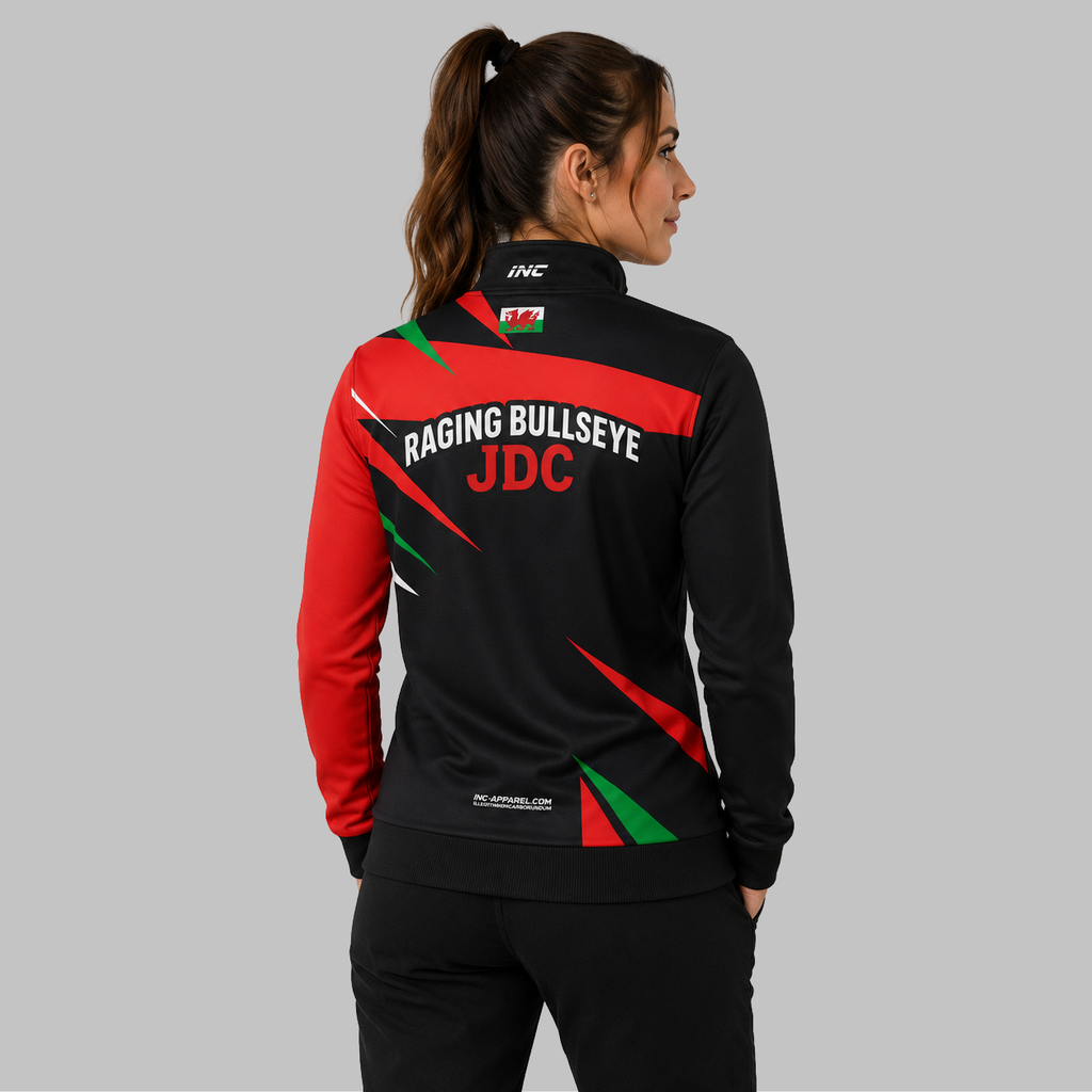 Back view of the unisex Official Raging Bullseye JDC Black Quarter Zip Midlayer, showcasing the clean athletic silhouette and flexible shoulder construction.