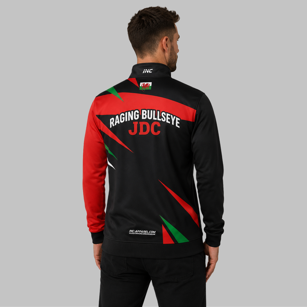 Back view of the unisex Official Raging Bullseye JDC Black Tournament Jacket, showing the clean black panels and comfortable outer-shell design across the shoulders.