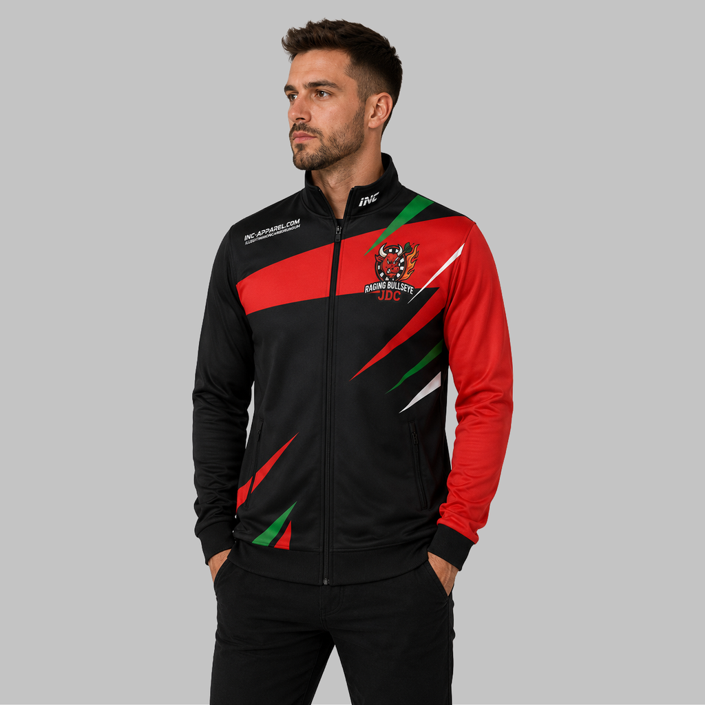 Front view of the unisex Official Raging Bullseye JDC Black Tournament Jacket, highlighting the sleek full-zip design, athletic collar, and prominent official branding.