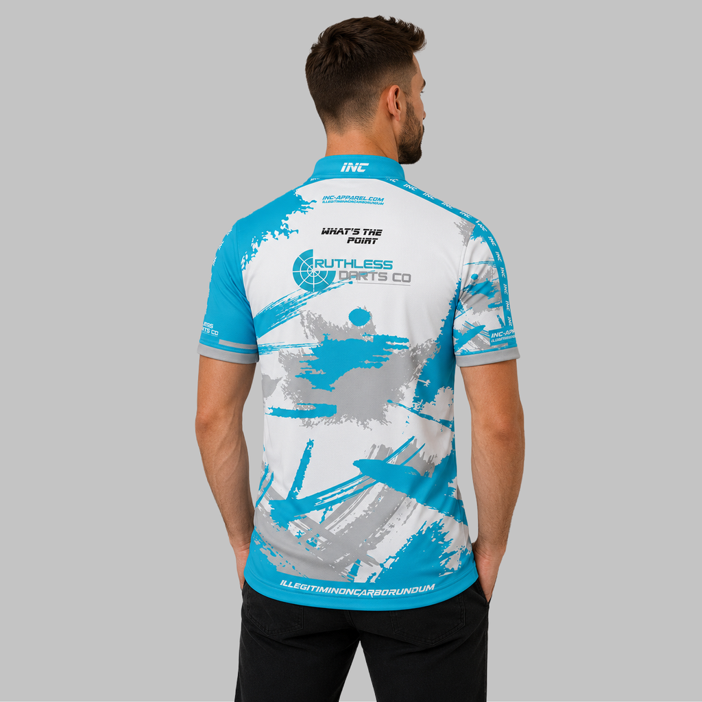 Back view of the Men and Youth Official Ruthless Darts Co Academy Darts Shirt, showcasing the clean athletic fit and unrestricted shoulder construction.