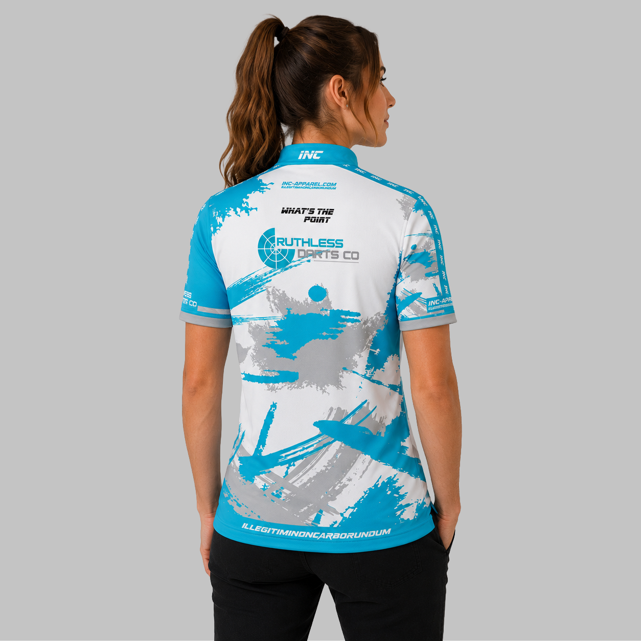 Back view of the Women's Official Ruthless Darts Co Academy Darts Shirt, showcasing the seamless flow of the sublimated team design across the shoulders.