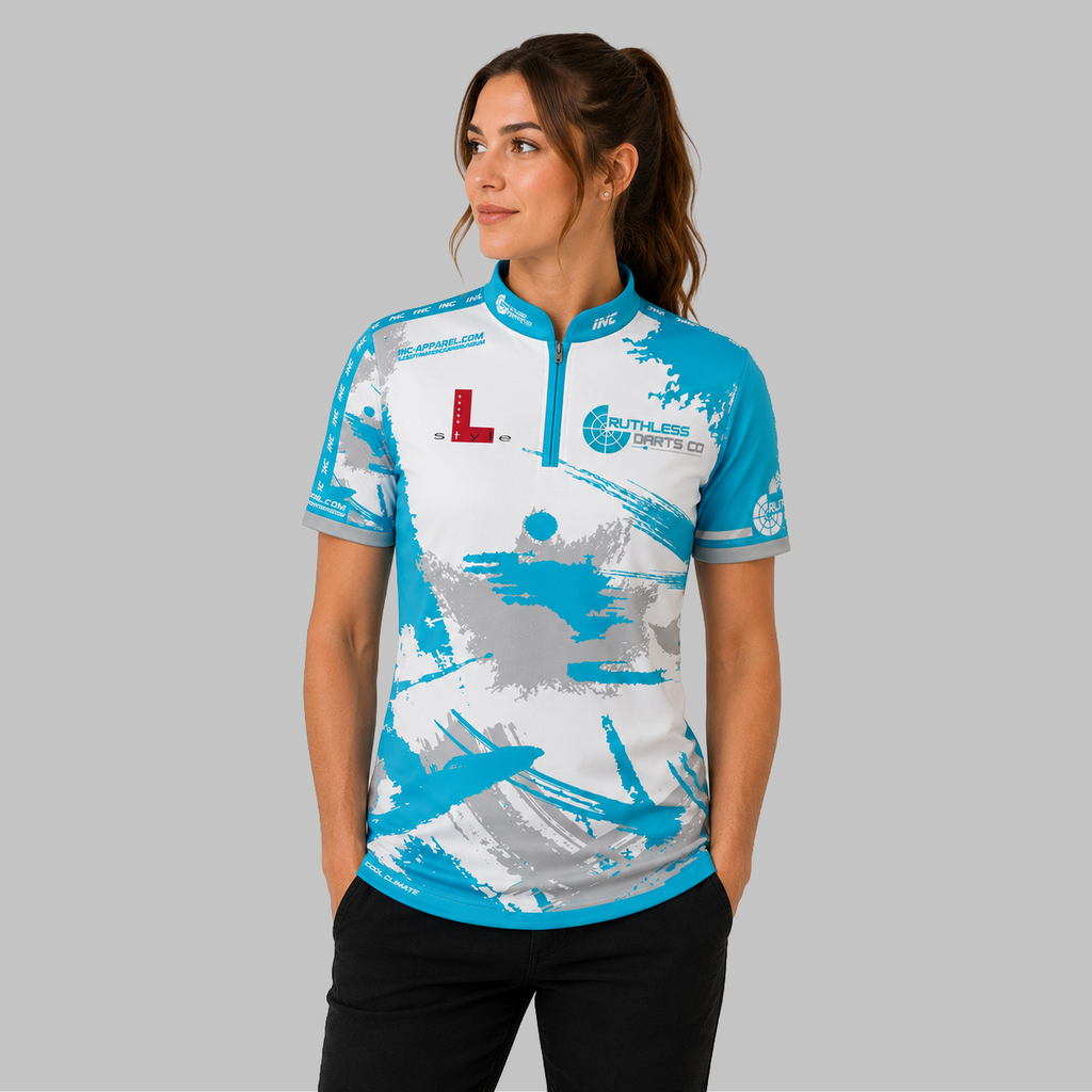 Front view of the Women's Official Ruthless Darts Co Academy Darts Shirt, showing the custom-contoured athletic fit and official branding on the chest.