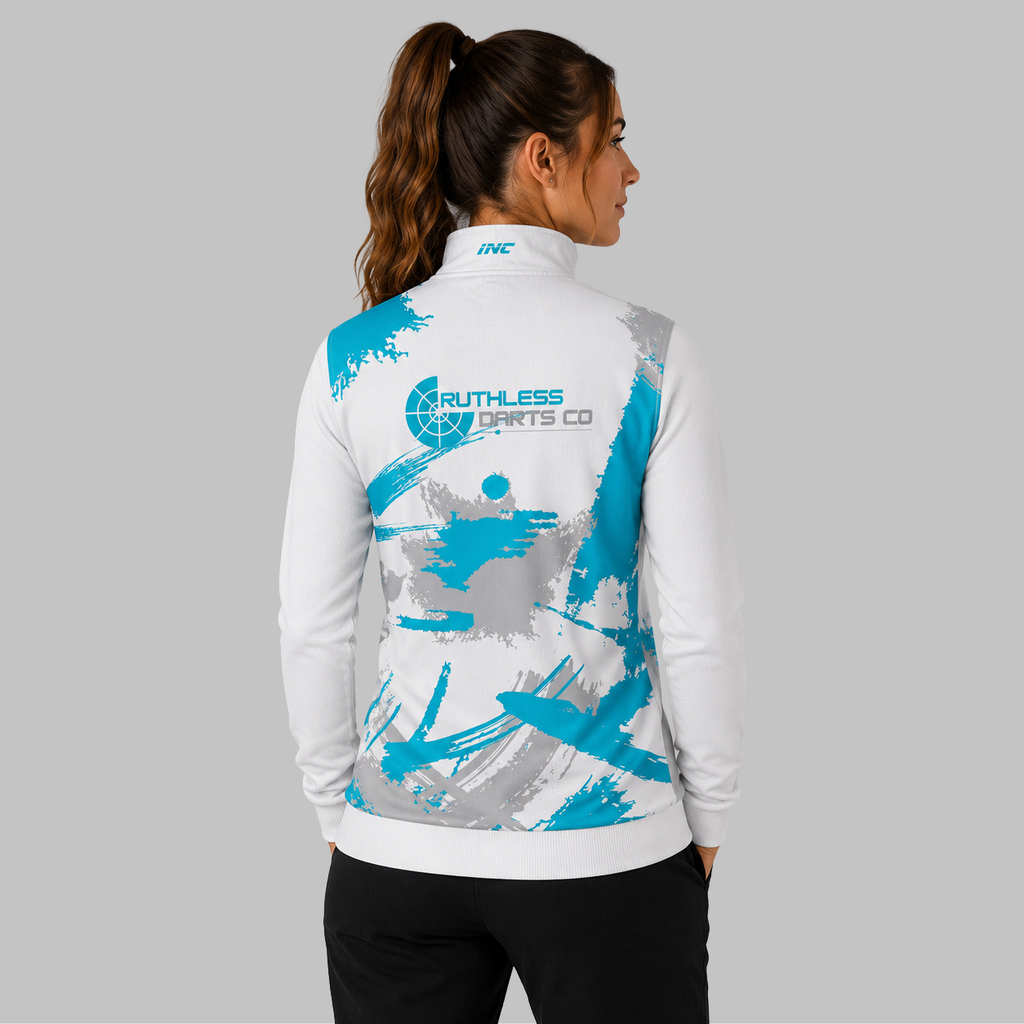 Back view of the unisex Official Ruthless Darts Co Academy Quarter Zip Midlayer, showcasing the clean athletic silhouette and flexible shoulder construction.