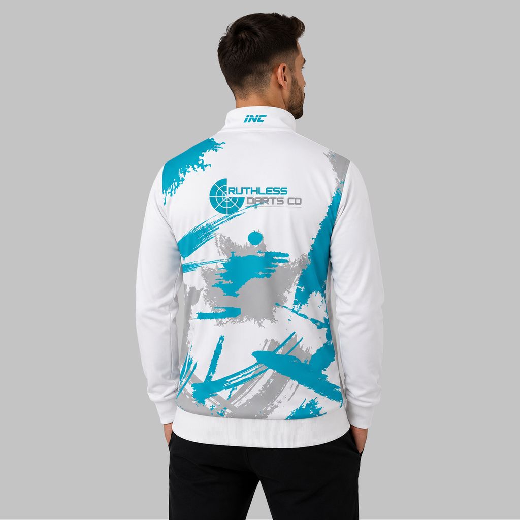Back view of the unisex Official Ruthless Darts Co Academy Tournament Jacket, showing the clean team color panels and comfortable outer-shell design across the shoulders.