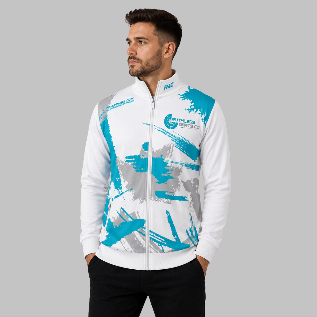 Front view of the unisex Official Ruthless Darts Co Academy Tournament Jacket, highlighting the sleek full-zip design, athletic collar, and prominent official academy branding.