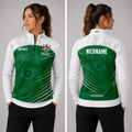 Front view of the unisex Official Solway West Pool League Quarter Zip Midlayer, highlighting the athletic team styling, stand-up collar, and official league crest.