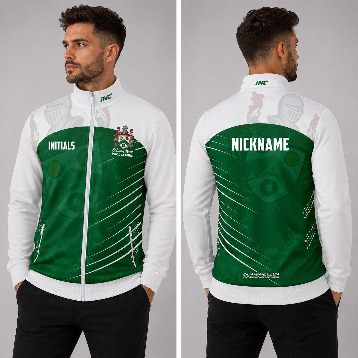 Front view of the unisex Official Solway West Pool League Tournament Jacket, highlighting the sleek full-zip design, athletic collar, and prominent official league branding.