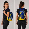 Front view of the Official South Lincs Darts Academy backpack, highlighting the spacious zipped pockets, dual water bottle mesh compartments, and clean academy branding.