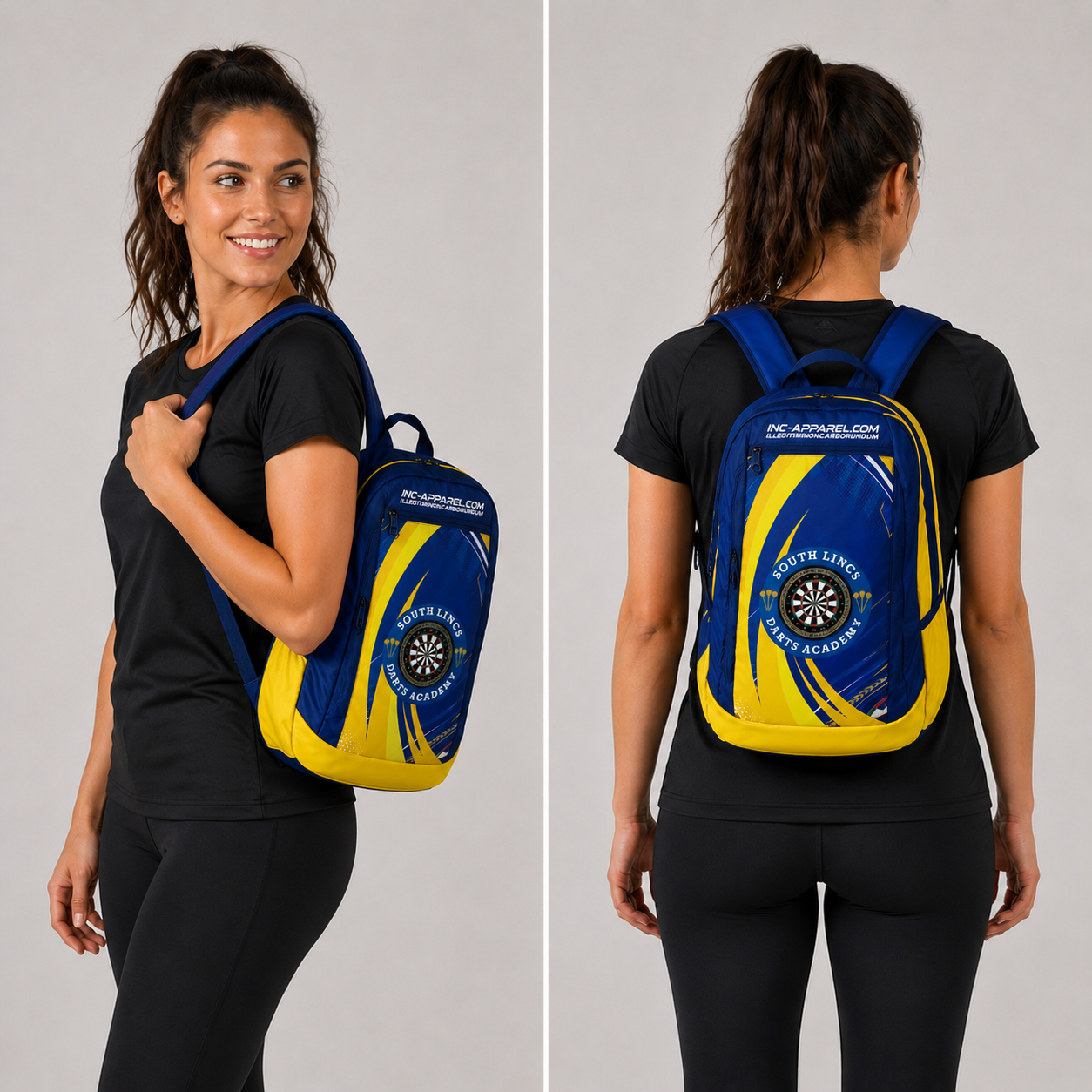 Front view of the Official South Lincs Darts Academy backpack, highlighting the spacious zipped pockets, dual water bottle mesh compartments, and clean academy branding.