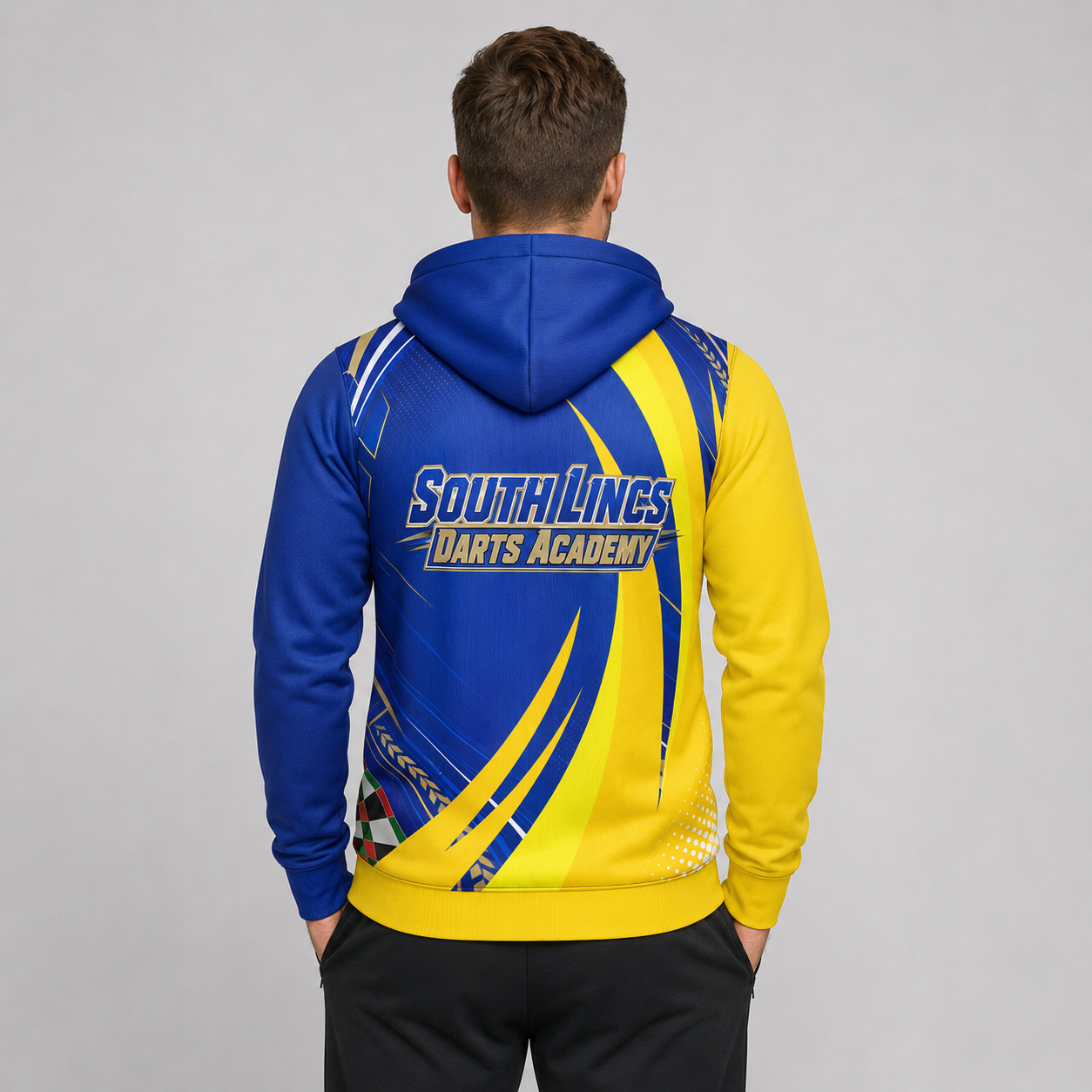 Back view of the mens Official South Lincs Darts Academy hoodie, showcasing the clean fit and double-lined hood architecture.