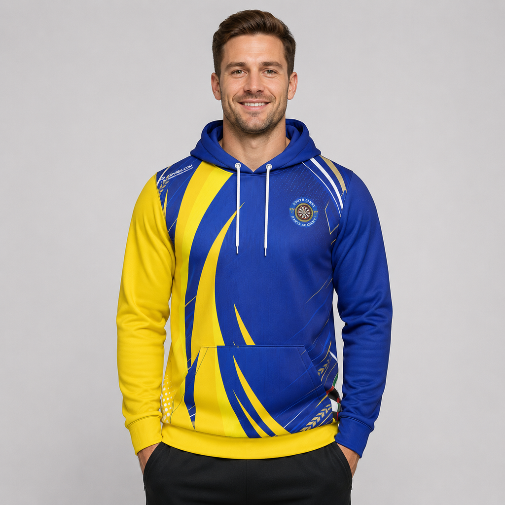 Front view of the mens Official South Lincs Darts Academy hoodie, highlighting the cozy fleece design and bold academy branding across the chest.