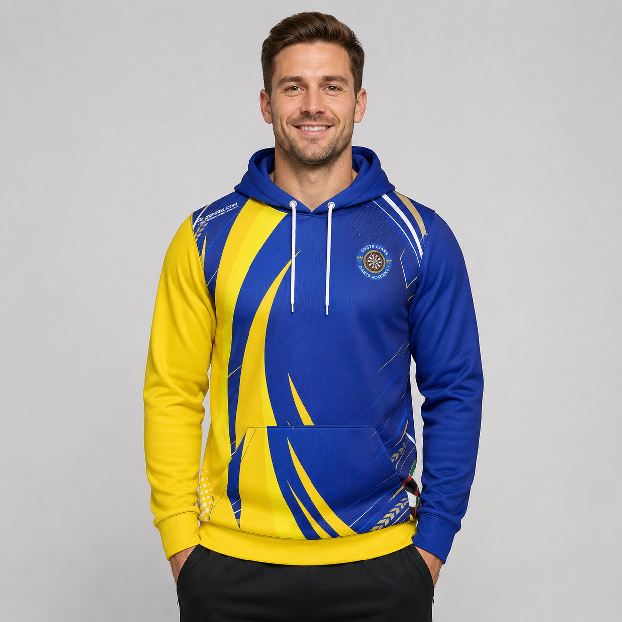 Front view of the mens Official South Lincs Darts Academy hoodie, highlighting the cozy fleece design and bold academy branding across the chest.