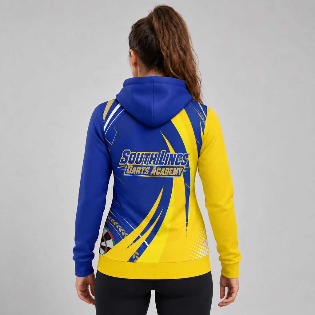Back view of the womens Official South Lincs Darts Academy hoodie, showcasing the clean fit and double-lined hood architecture.