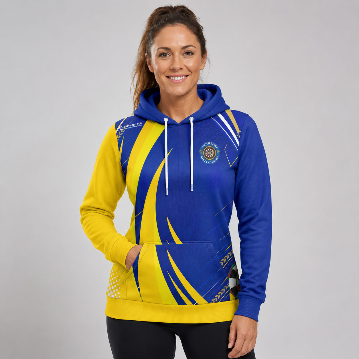 Front view of the womens Official South Lincs Darts Academy hoodie, highlighting the cozy fleece design and bold academy branding across the chest.