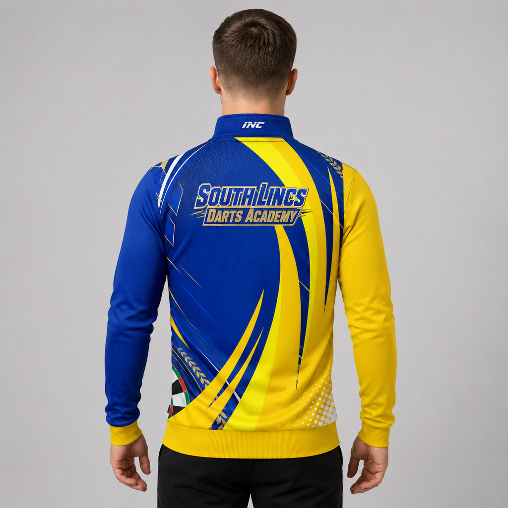 Back view of the unisex Official South Lincs Darts Academy Quarter Zip Midlayer, showing the clean athletic silhouette and flexible shoulder construction.