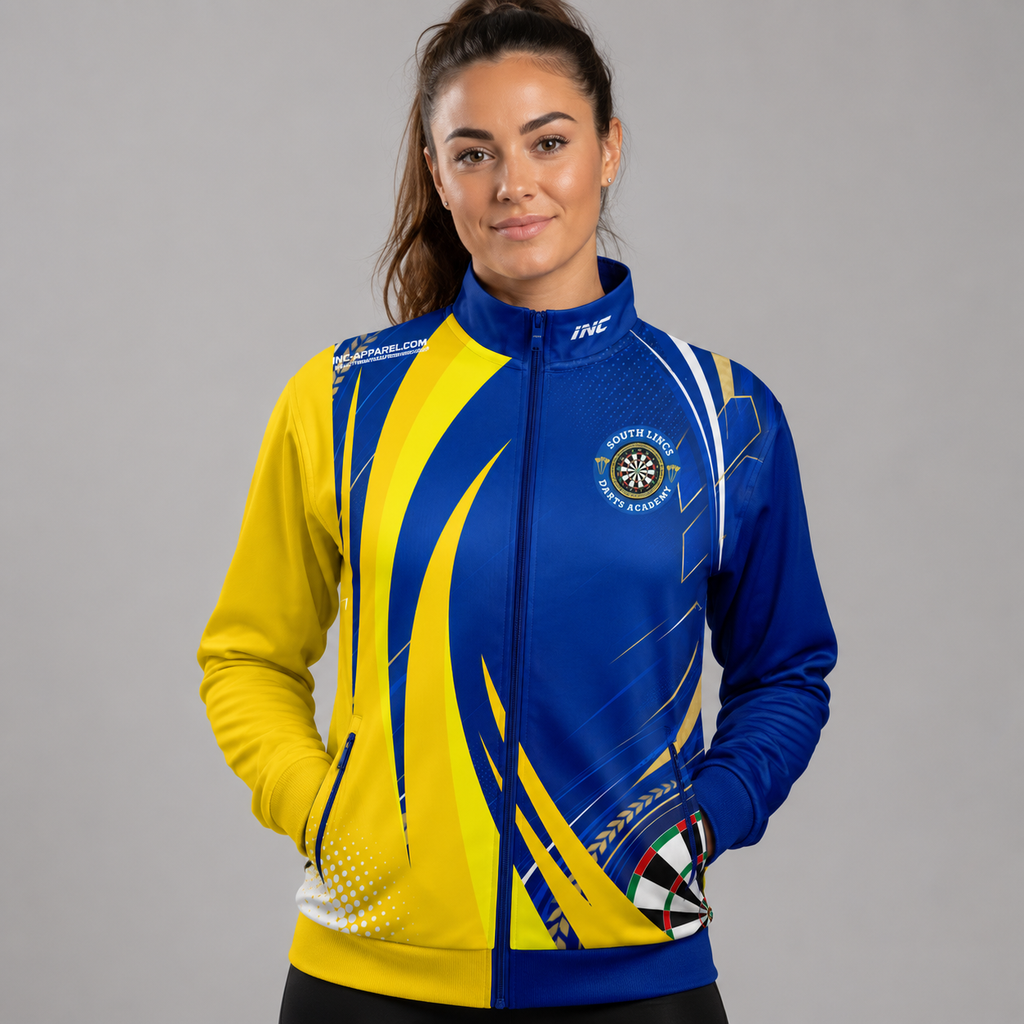Front view of the Official South Lincs Darts Academy Tournament Jacket, highlighting the sleek full-zip design, athletic collar, and prominent academy branding.