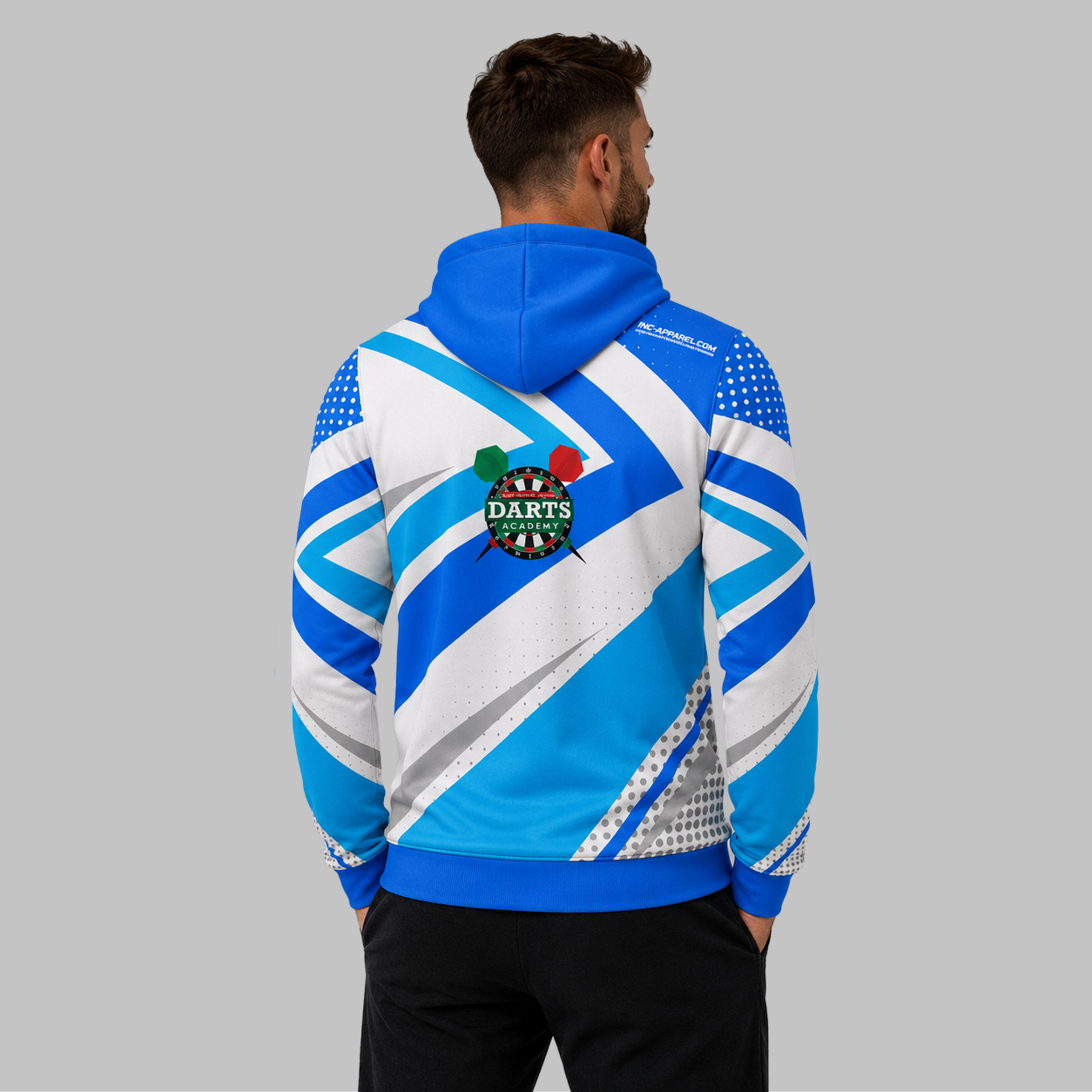 Back view of the unisex Official West Belfast Junior Academy Darts Hoodie in Blue, showcasing the clean fit and double-lined hood architecture.