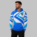 Front view of the unisex Official West Belfast Junior Academy Darts Hoodie in Blue, highlighting the cozy fleece design and bold official academy branding across the chest.