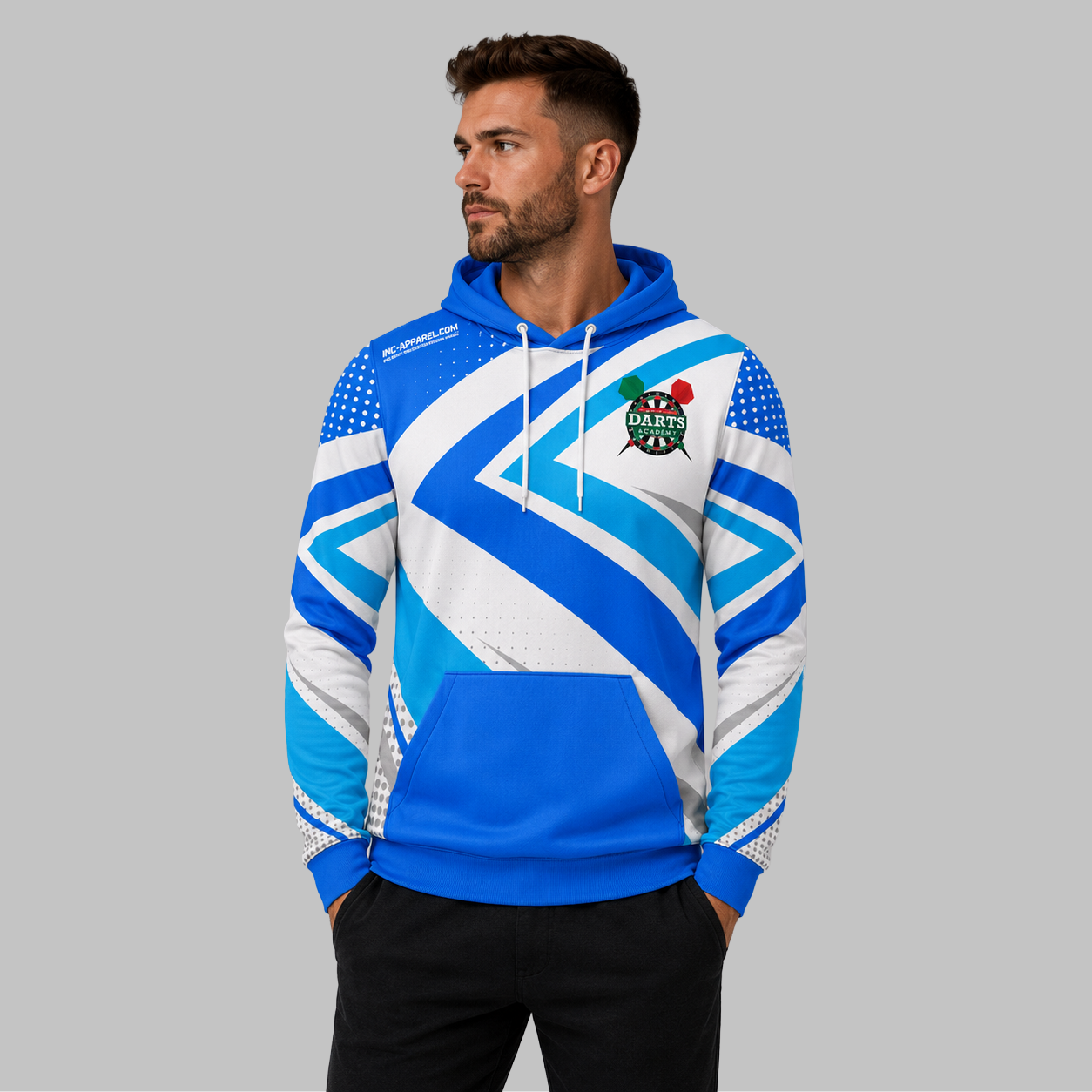 Front view of the unisex Official West Belfast Junior Academy Darts Hoodie in Blue, highlighting the cozy fleece design and bold official academy branding across the chest.