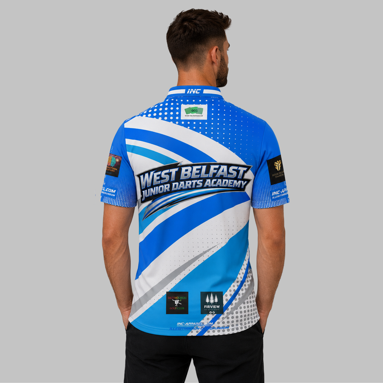 Back view of the Men and Youth Official West Belfast Junior Academy Darts Shirt, showcasing the clean athletic fit and unrestricted shoulder construction.