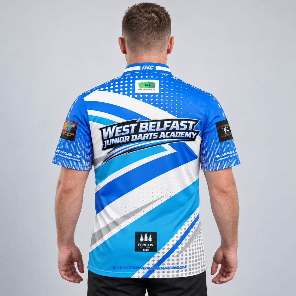 Back view of the Men and Youth Official West Belfast Junior Academy Darts Shirt, showing the vibrant academy colors, professional collar, and sharp sublimated graphics.