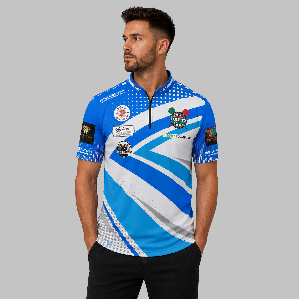 Front view of the Men and Youth Official West Belfast Junior Academy Darts Shirt, showing the vibrant academy colors, professional collar, and sharp sublimated graphics.