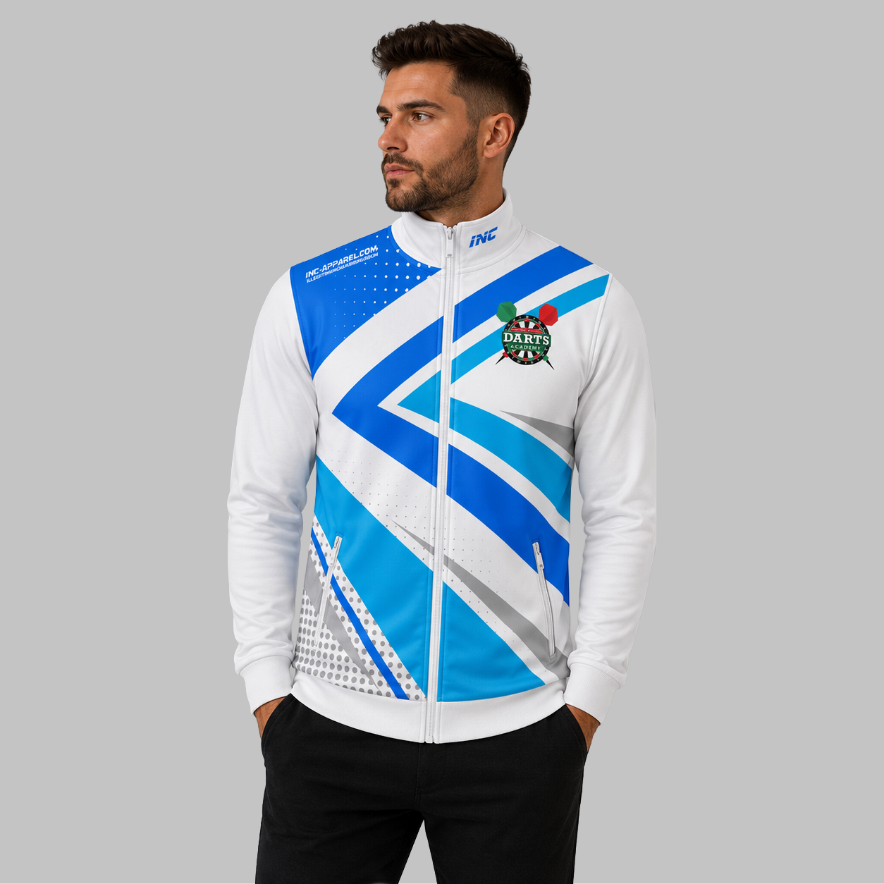 Front view of the Official West Belfast Junior Academy Tournament Jacket in Blue, highlighting the sleek full-zip design, athletic collar, and prominent official academy branding.