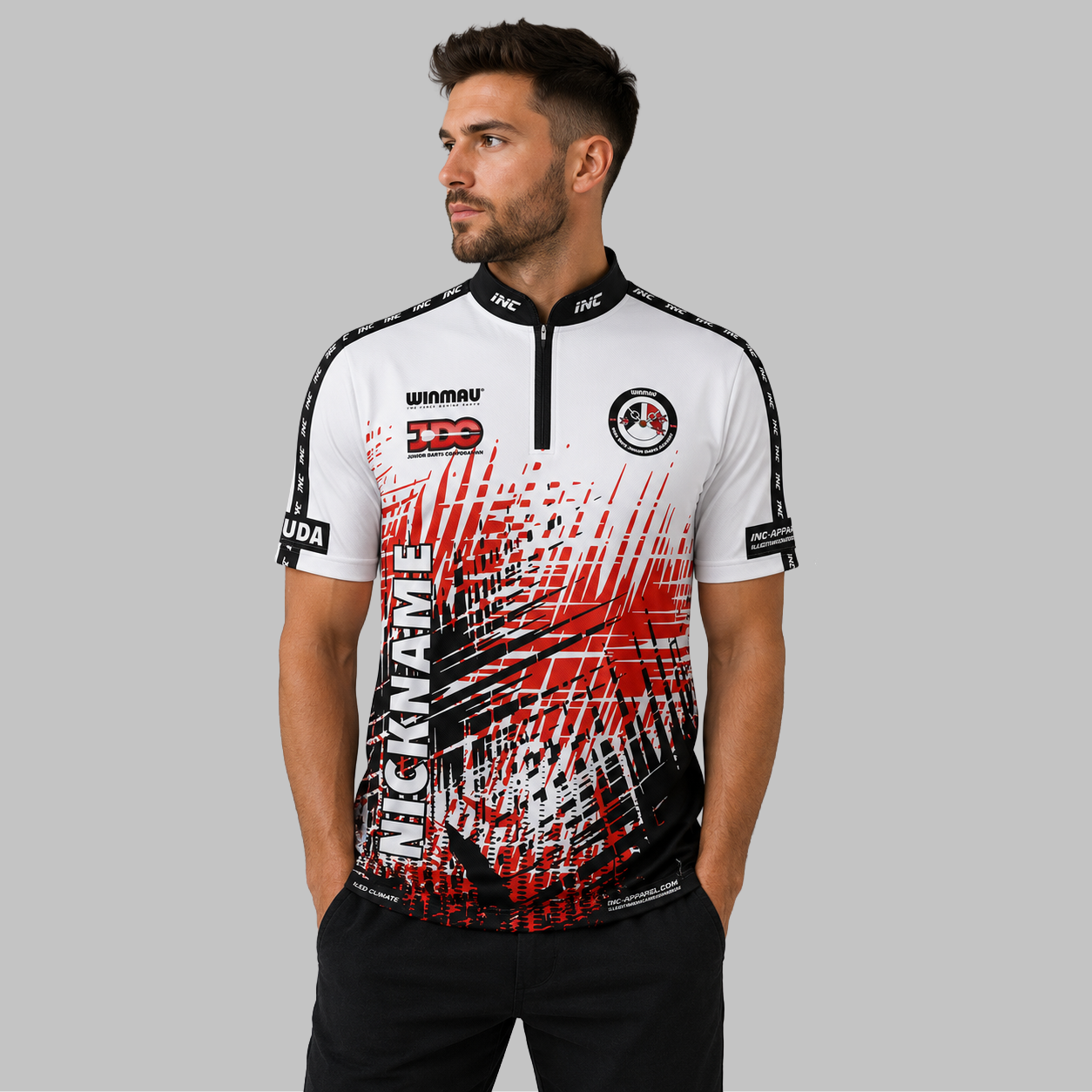 Front view of the Men and Youth West Midlands Junior Darts Academy Darts Shirt, showing the dynamic regional academy styling, professional collar, and sharp logos.