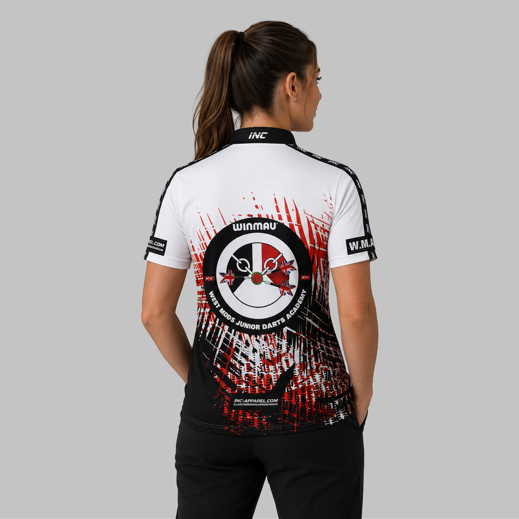 Back view of the Women's West Midlands Junior Darts Academy Darts Shirt, showcasing the seamless flow of the sublimated team design across the shoulders.
