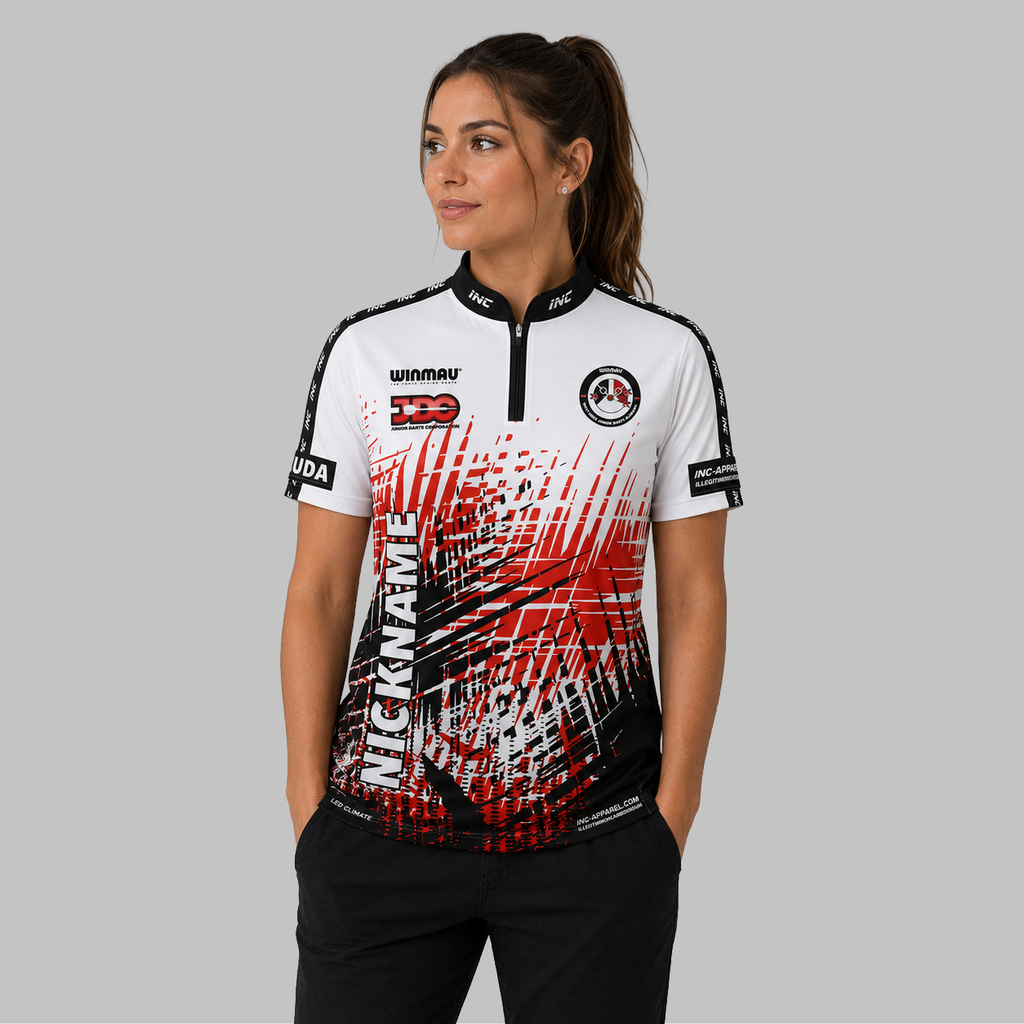 Front view of the Women's West Midlands Junior Darts Academy Darts Shirt, showing the custom-contoured athletic fit and official branding on the chest.