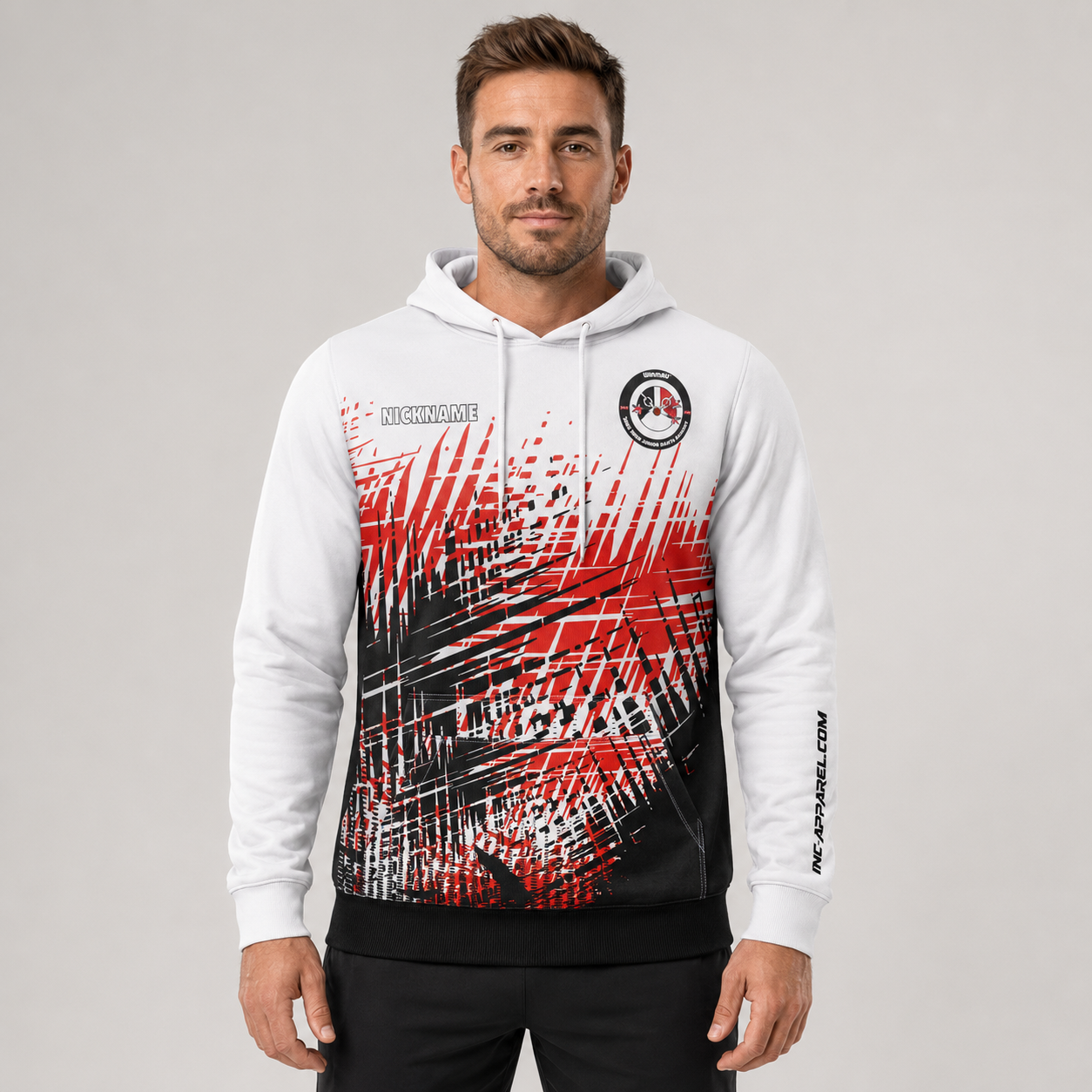 Front view of the unisex Official West Midlands Junior Darts Academy Hoodie, highlighting the cozy fleece design and bold official academy branding across the chest.