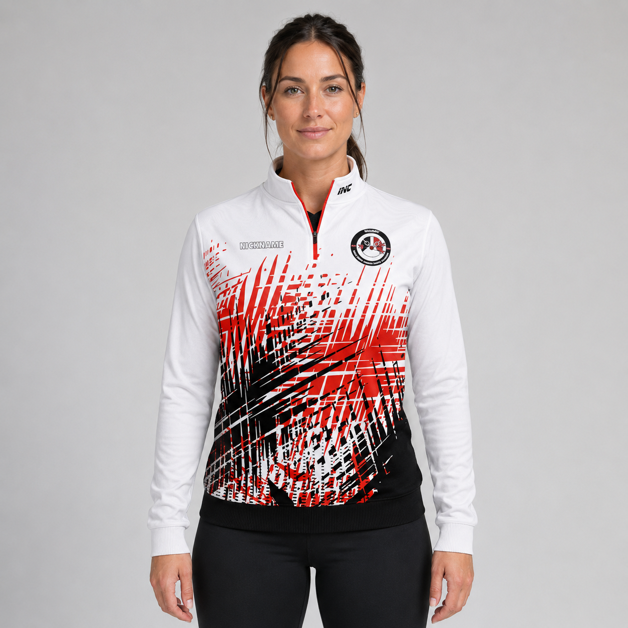 Front view of the unisex Official West Midlands Junior Darts Academy Quarter Zip Midlayer, highlighting the athletic team styling, stand-up collar, and official academy crest.