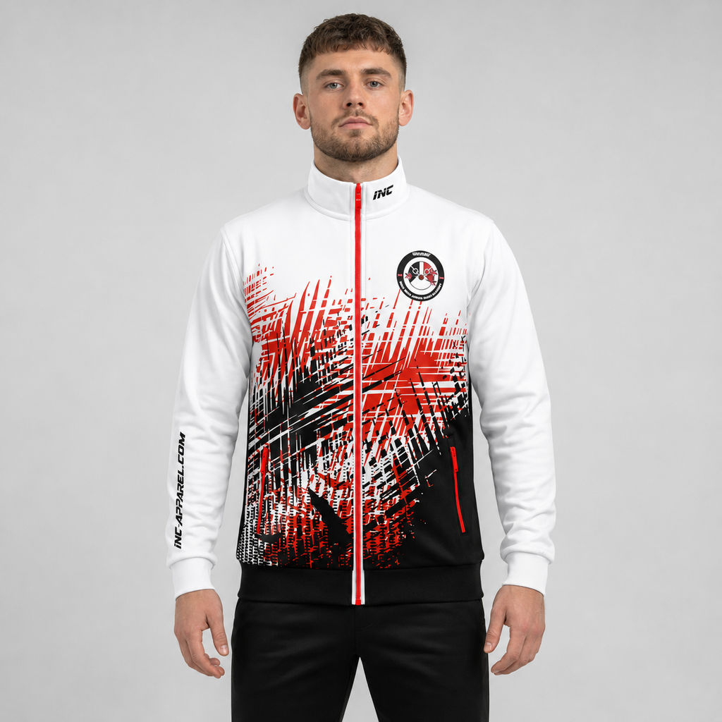 Front view of the unisex Official West Midlands Junior Darts Academy Tournament Jacket, highlighting the sleek full-zip design, athletic collar, and prominent official academy branding.