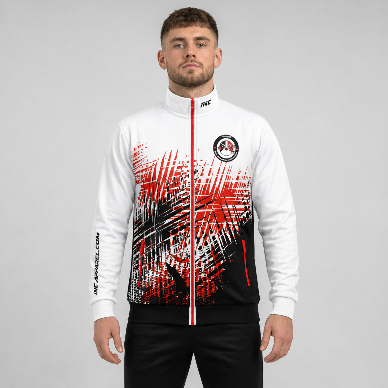 Front view of the unisex Official West Midlands Junior Darts Academy Tournament Jacket, highlighting the sleek full-zip design, athletic collar, and prominent official academy branding.