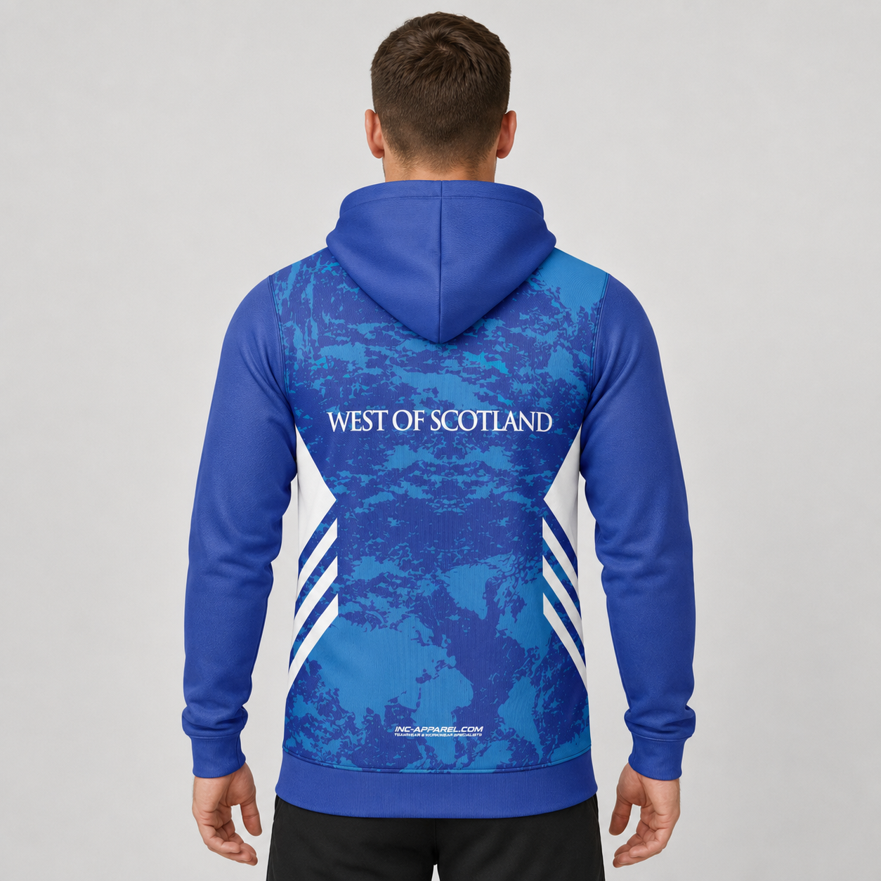 Back view of the unisex Official West of Scotland Darts Academy Hoodie, showcasing the clean fit and double-lined hood architecture.