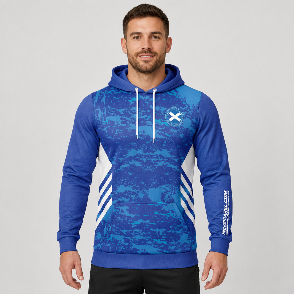 Front view of the unisex Official West of Scotland Darts Academy Hoodie, highlighting the cozy fleece design and bold official academy branding across the chest.