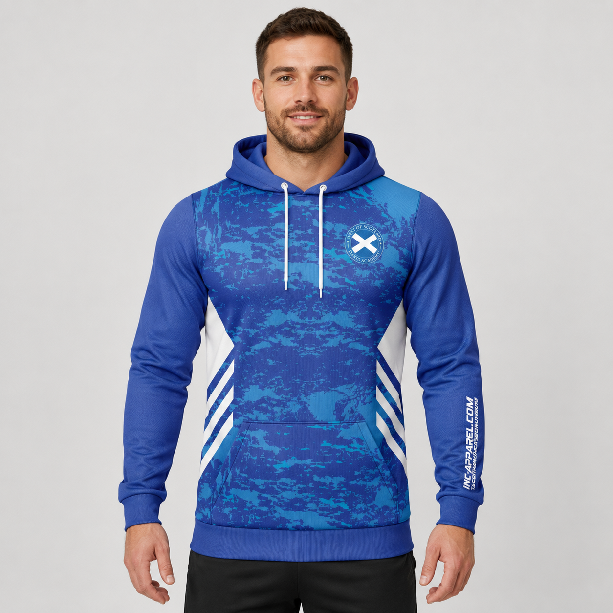 Front view of the unisex Official West of Scotland Darts Academy Hoodie, highlighting the cozy fleece design and bold official academy branding across the chest.