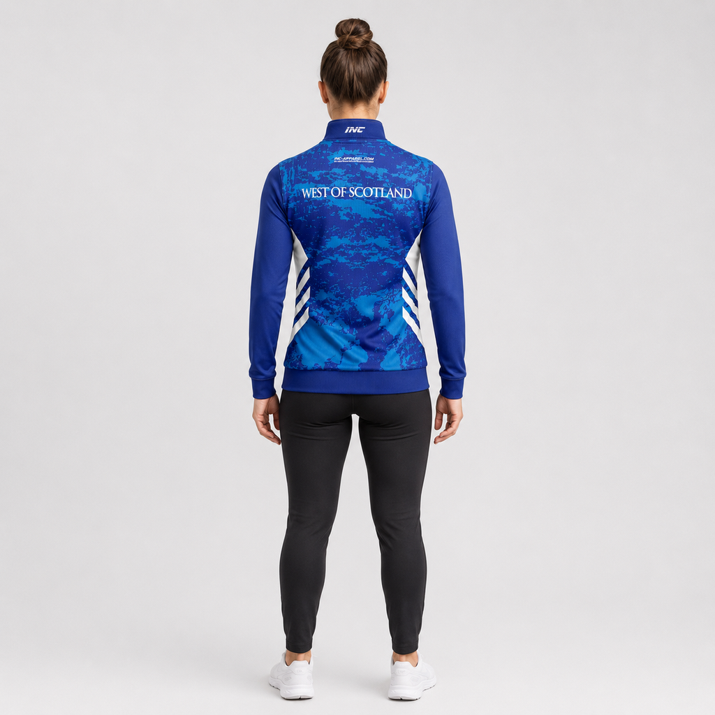 Back view of the unisex Official West of Scotland Darts Academy Quarter Zip Midlayer, showcasing the clean athletic silhouette and flexible shoulder construction.