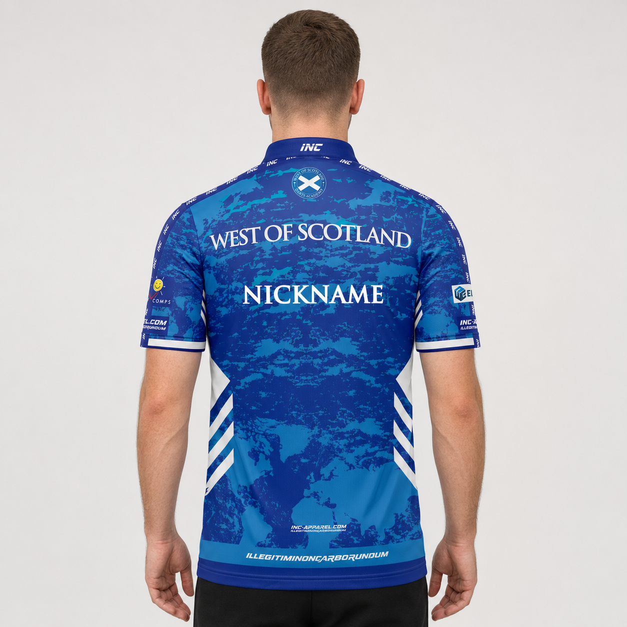 Back view of the Men and Youth Official West of Scotland Darts Academy Shirt, showcasing the clean athletic fit and unrestricted shoulder construction.