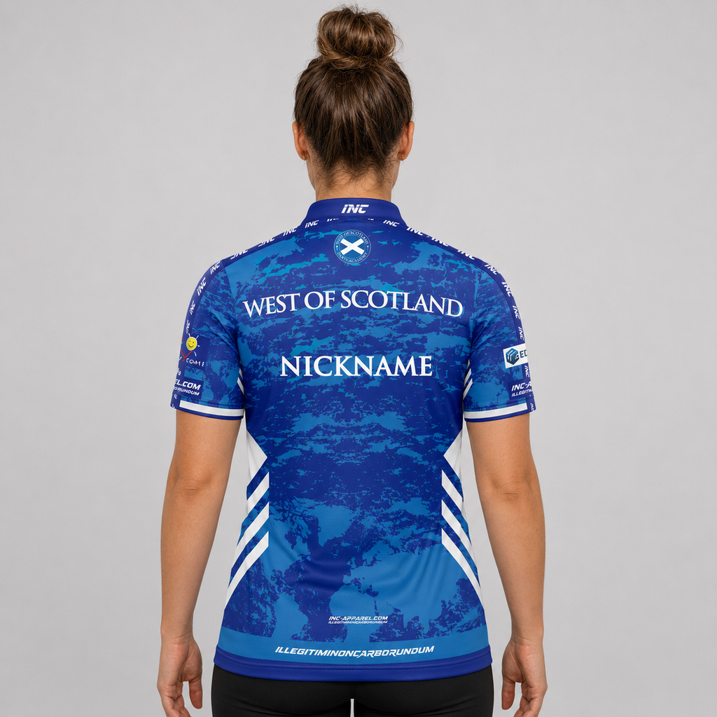 Back view of the Women's Official West of Scotland Darts Academy Shirt, showcasing the seamless flow of the sublimated team design across the shoulders.